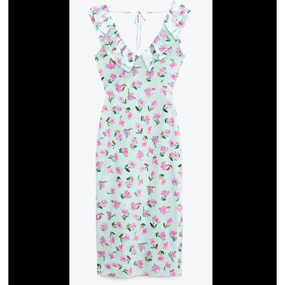 ZARA GREEN FLORAL PRINT SATIN MIDI DRESS WITH RUFFLE TRIMS SIZE S, NWT SS22 - Picture 7 of 10